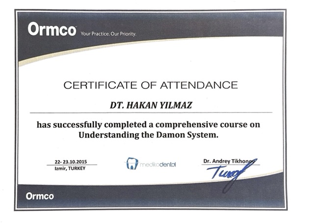 Certificate of Assoc. Prof. Dr. Hakan Yılmaz, orthodontist in Istanbul: Understanding the Damon System, Ormco, İzmir, 2015