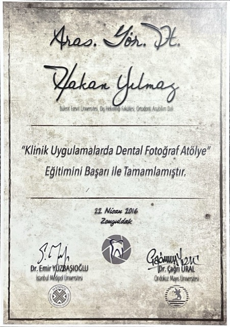Certificate of Assoc. Prof. Dr. Hakan Yılmaz, orthodontist in Istanbul: Dental photography in clinical practice, workshop, Zonguldak, 2016