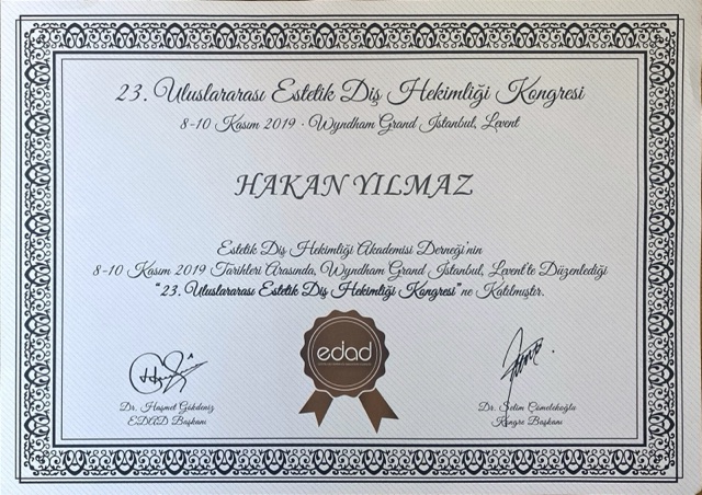 Certificate of Assoc. Prof. Dr. Hakan Yılmaz, orthodontist in Istanbul: 23rd International Aesthetic Dentistry Congress (EDAD), Istanbul, 2019
