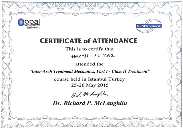Certificate of Assoc. Prof. Dr. Hakan Yılmaz, orthodontist in Istanbul: Inter-arch treatment mechanics, Part I: Class II treatment, Dr. Richard P. McLaughlin, Istanbul, 2015