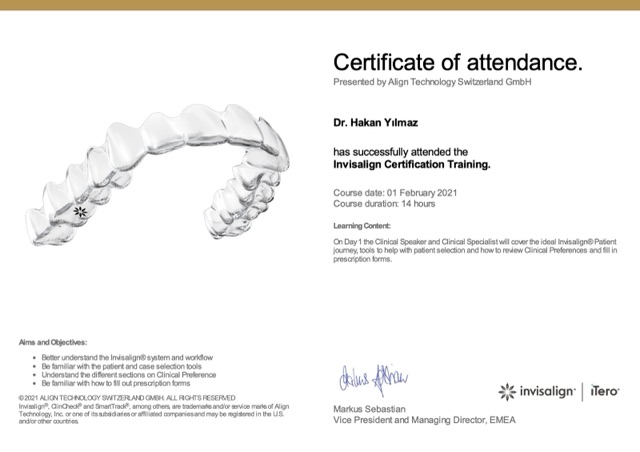 Certificate of Assoc. Prof. Dr. Hakan Yılmaz, orthodontist in Istanbul: Invisalign Certification Training, Align Technology, 2021
