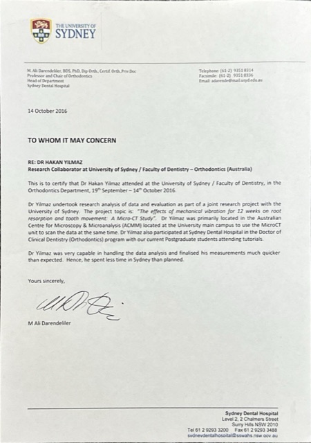 Certificate of Assoc. Prof. Dr. Hakan Yılmaz, orthodontist in Istanbul: Research collaborator, Department of Orthodontics, University of Sydney, 2016