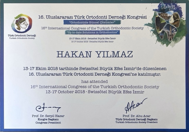 Certificate of Assoc. Prof. Dr. Hakan Yılmaz, orthodontist in Istanbul: 16th International Congress of the Turkish Orthodontic Society, İzmir, 2018