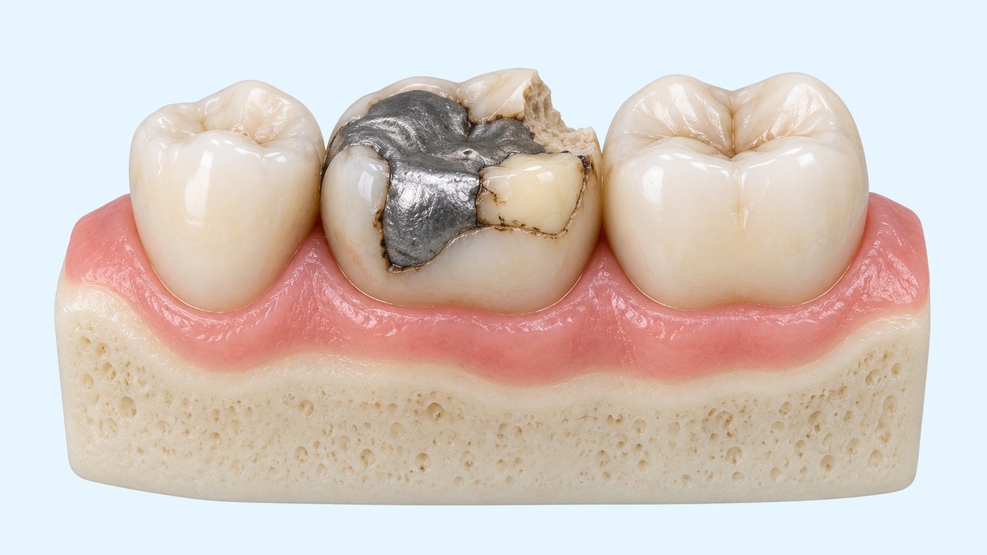 İstanbul'da metal destekli porselen kaplama: alt arka dişte kırık dişin küçültülmesini, metal altyapılı porselen kronu ve takılmasını gösteren 3D çizim