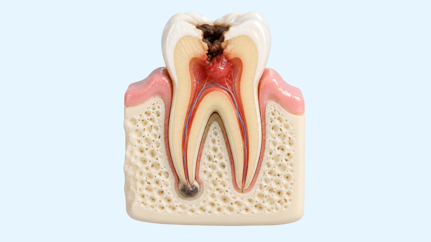 İstanbul'da kanal tedavisi: alt azı dişinin kesitinde iltihaplı sinir, kanalların temizlenmesi, doldurulması ve kaplamanın 3D çizimi