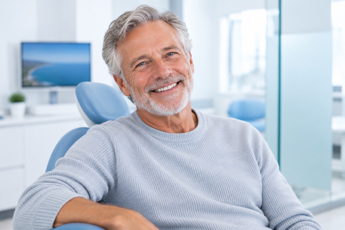 All-on-4 dental implants in Istanbul, Turkey: smiling man in his sixties in a dental consultation room (illustrative image, not a patient)