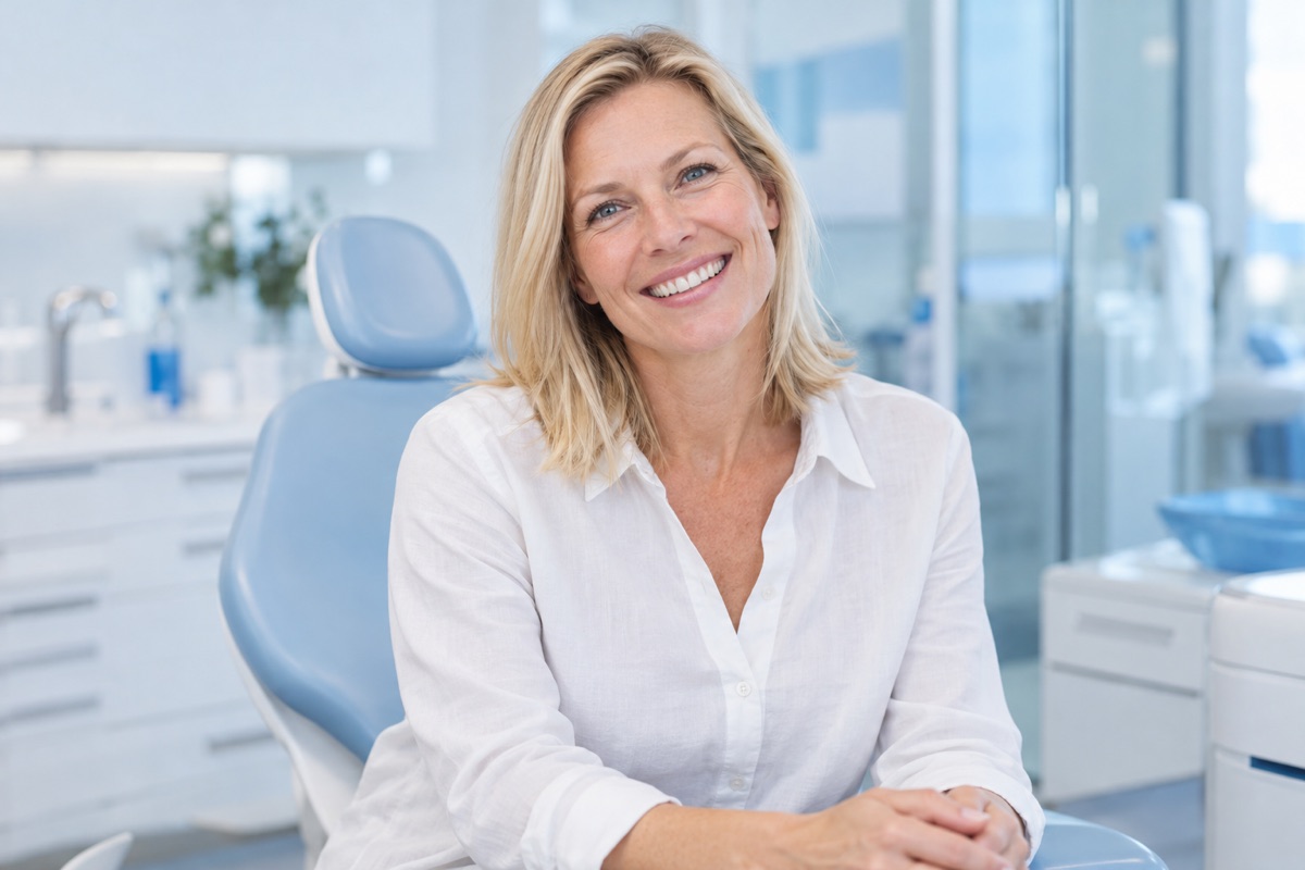 All-on-6 dental implants in Istanbul, Turkey: smiling woman around forty in a dental consultation room (illustrative image, not a patient)