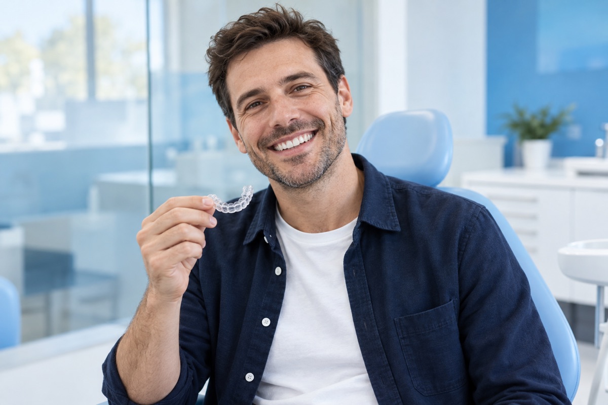 Braces and clear aligners in Istanbul: smiling man in his thirties holding a clear aligner (illustrative image, not a patient)