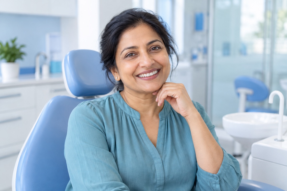 Dental implants in Istanbul, Turkey: smiling woman in her forties with her hand on her chin (illustrative image, not a patient)