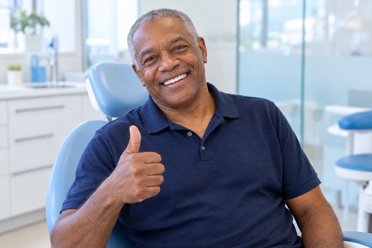 Full mouth dental implants in Istanbul, Turkey: smiling man in his fifties giving a thumbs-up (illustrative image, not a patient)