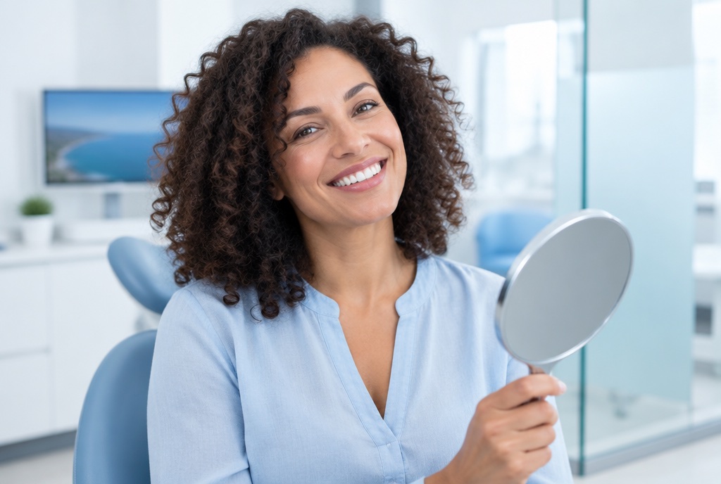 Hollywood smile and smile makeover in Istanbul: smiling woman in her thirties holding a hand mirror (illustrative image, not a patient)