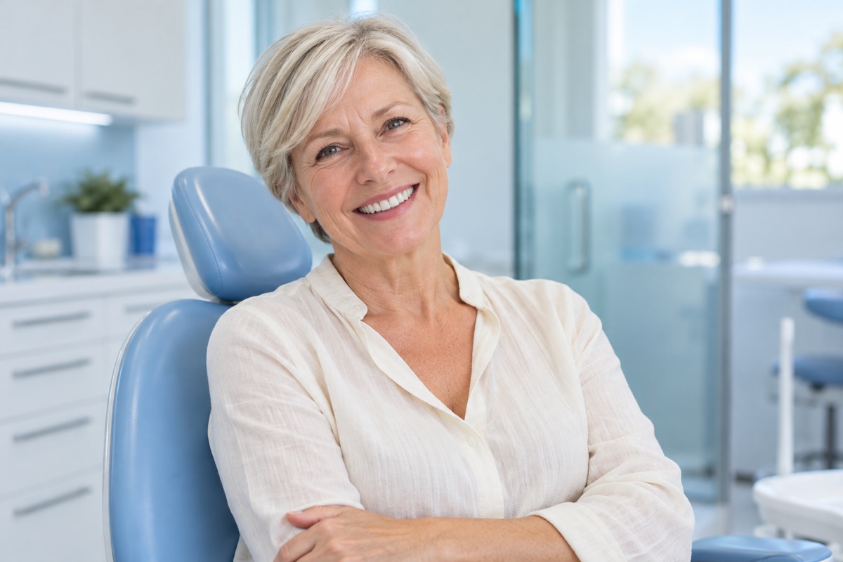 Zirconia dental implants in Turkey: smiling woman around sixty with short blonde hair (illustrative image, not a patient)