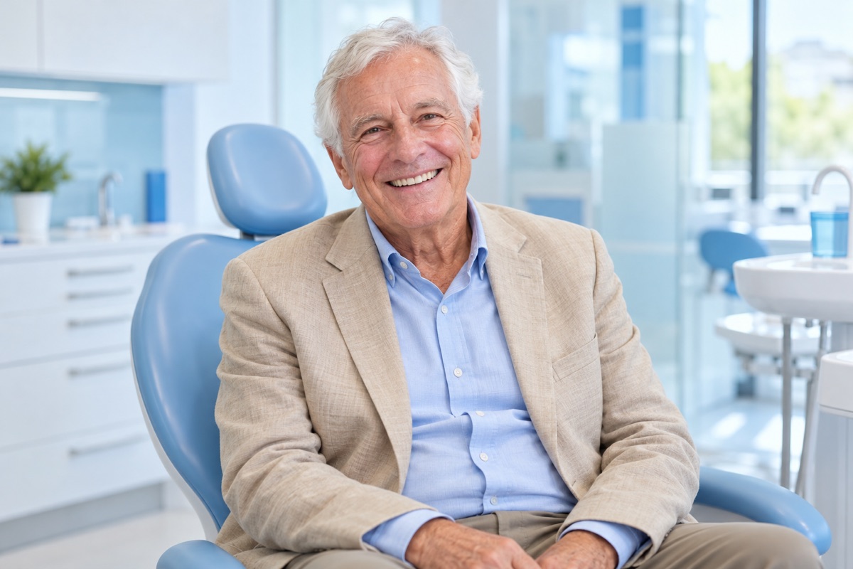 Zygomatic implants in Turkey and Istanbul: smiling man in his late sixties with white hair (illustrative image, not a patient)